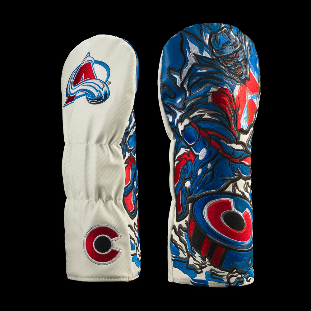 White Colorado Avalanche driver cover featuring the Colorado Avalanche logo and blue creature hockey artwork with red accents.