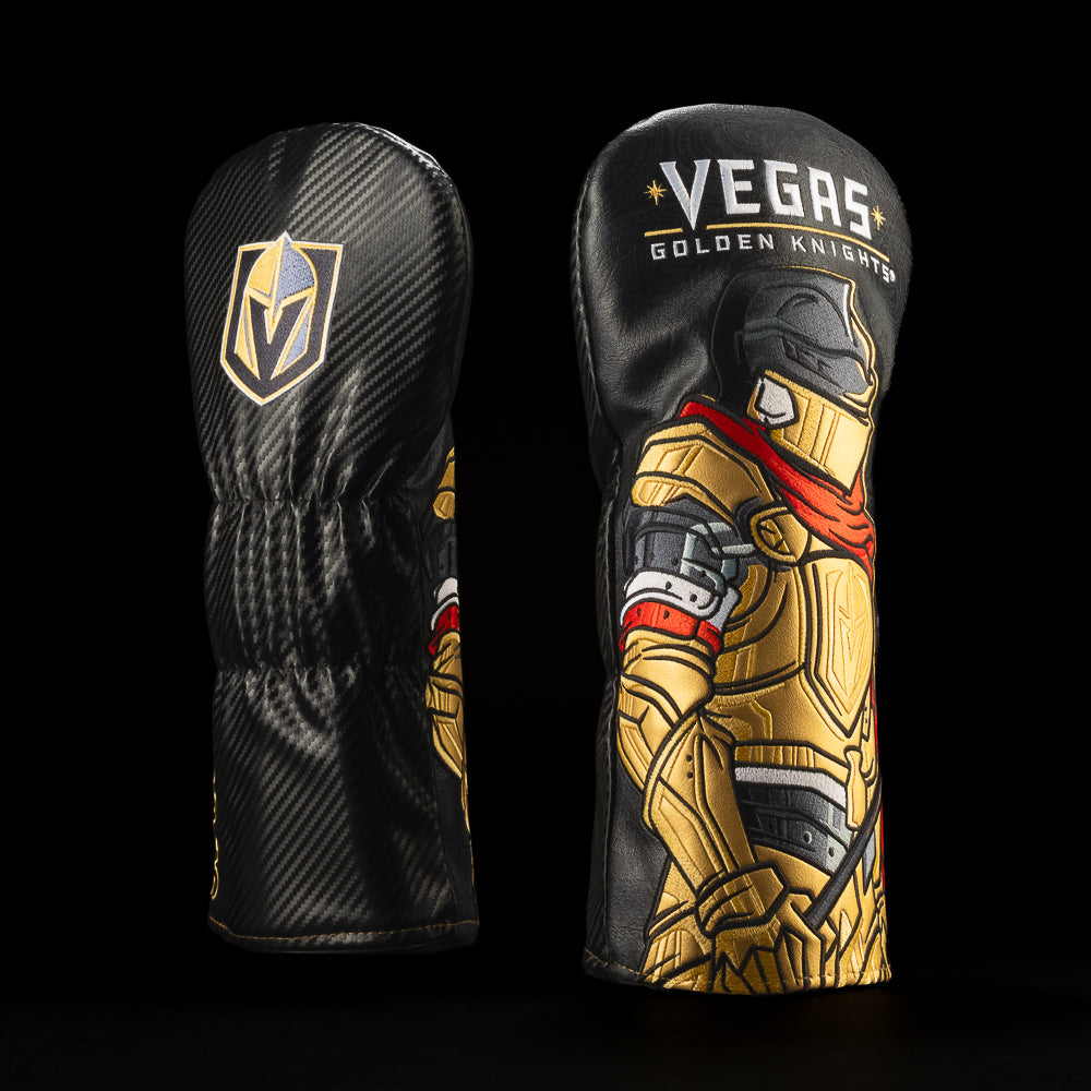 Black Vegas Golden Knights driver cover featuring the Vegas Golden Knights logo, Vegas wordmark and gold armored knight artwork.