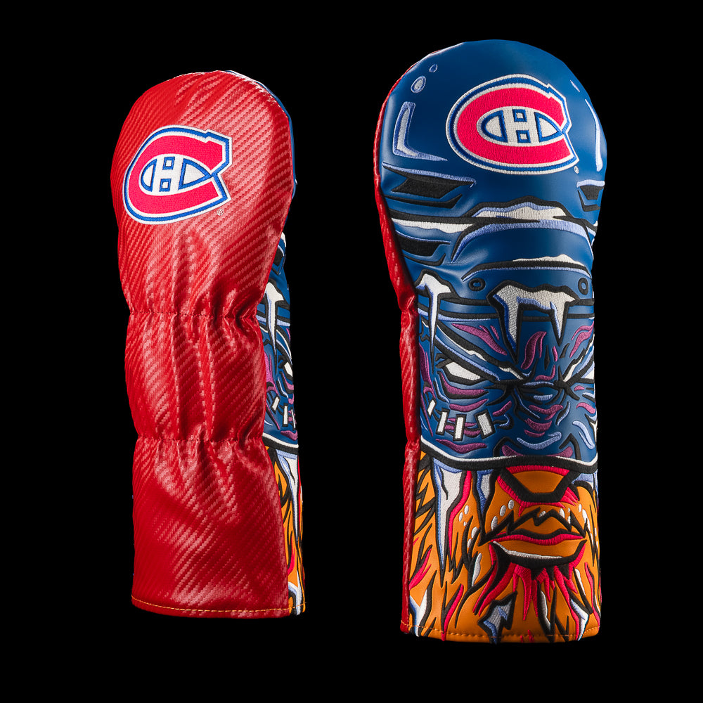 Red and navy Montreal Canadiens driver cover with team logos, a blue hockey helmet and fiery orange mascot artwork.