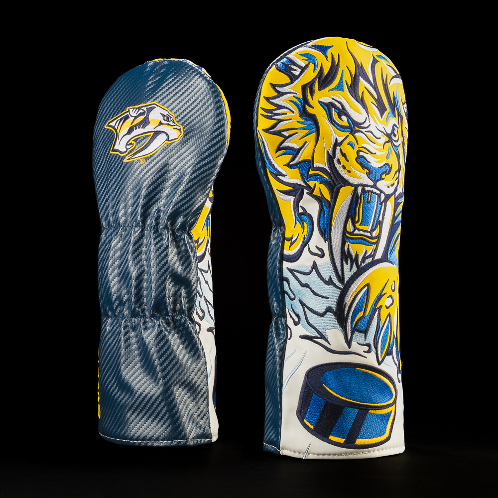 Navy Nashville Predators driver cover featuring the Nashville Predators logo and roaring yellow tiger artwork above a hockey puck.
