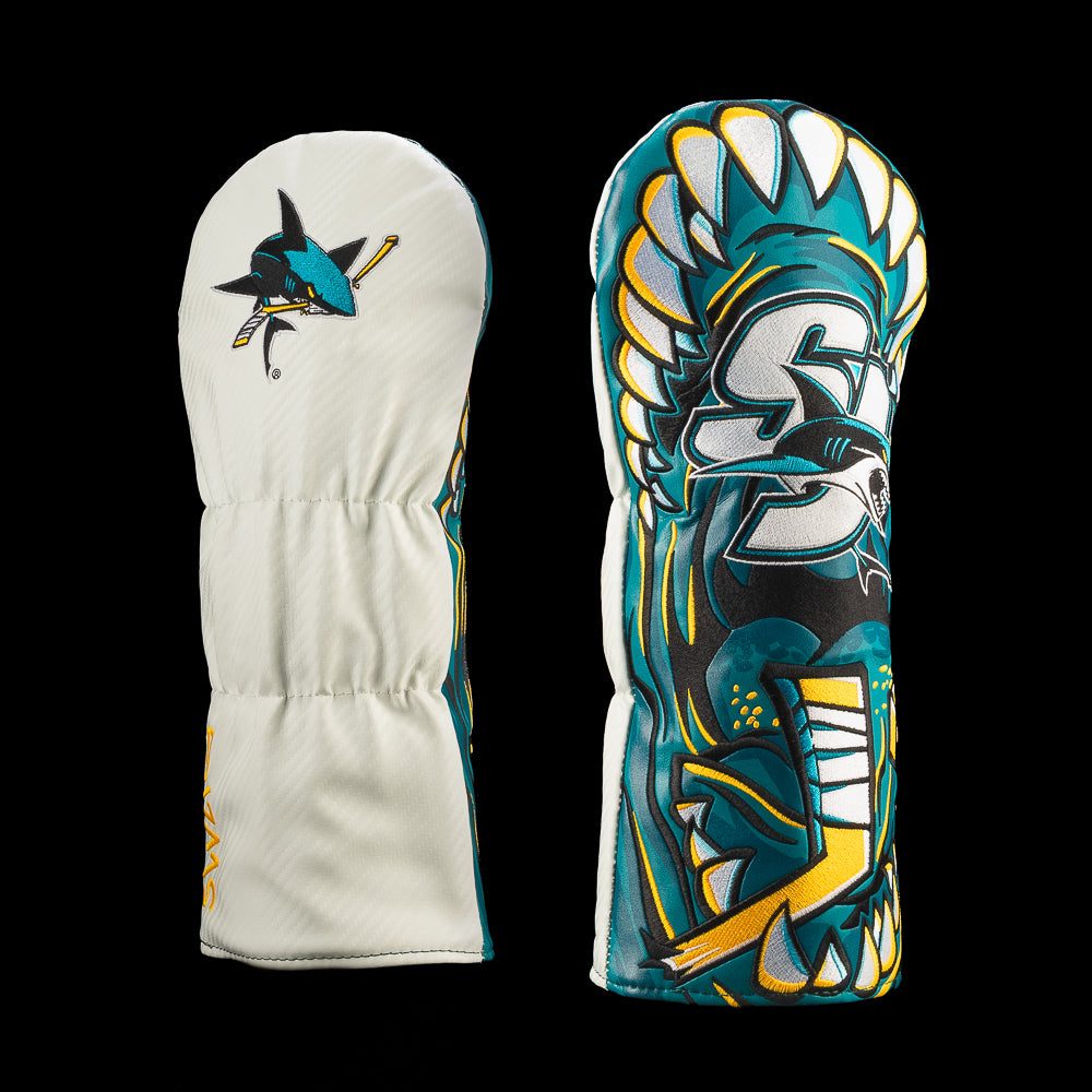 White San Jose Sharks driver cover with a teal-and-gold shark mouth framing a large San Jose Sharks logo and hockey stick.