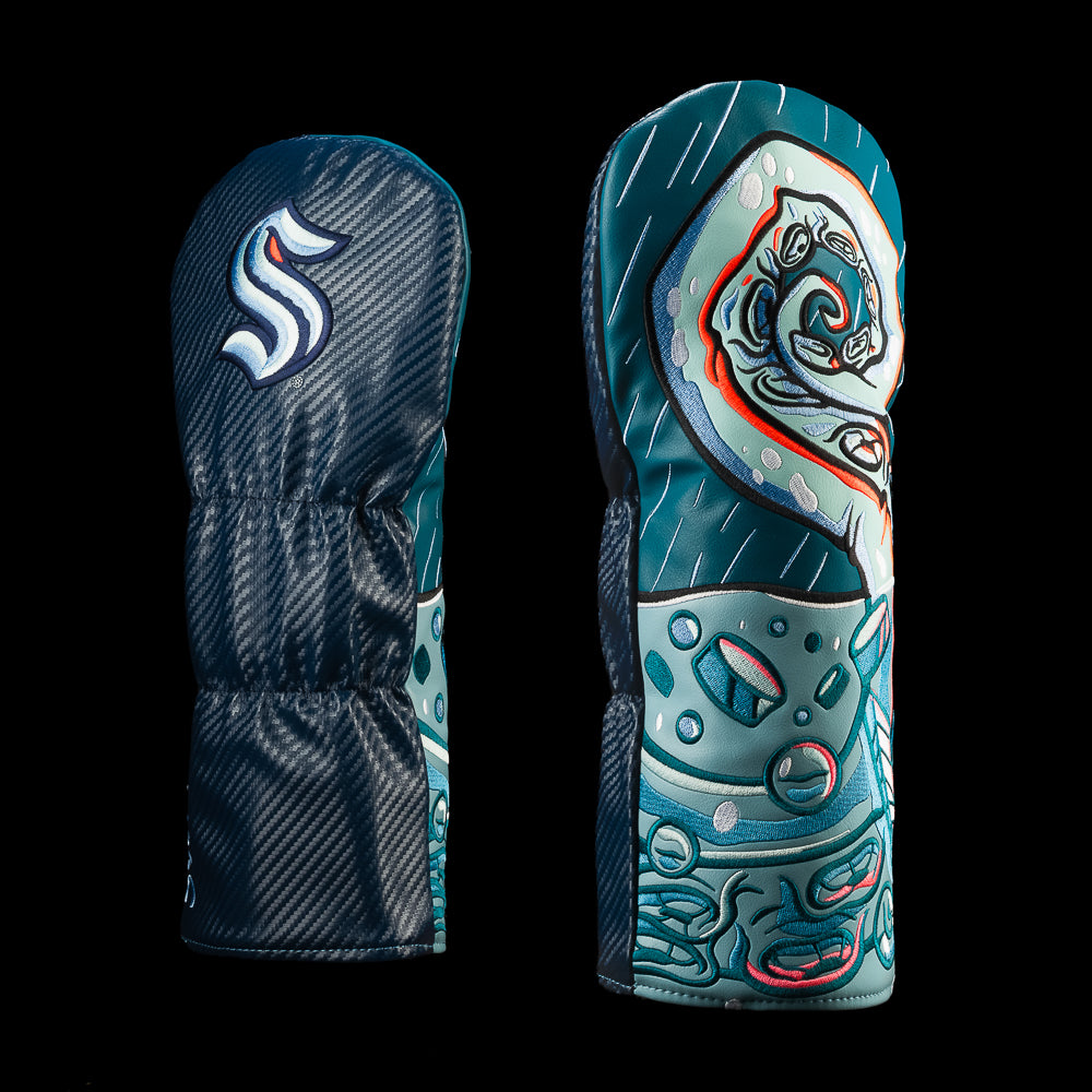 Navy Seattle Kraken driver cover with a teal tentacle wrapped around a hockey pucks, bubbles, wave details, and Kraken logo.