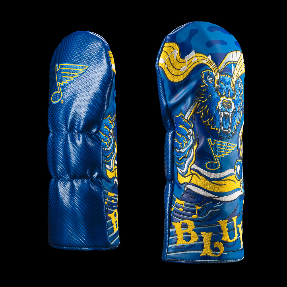 Blue and yellow St. Louis Blues driver cover featuring the St. Louis Blues logo, blue bear artwork and musical notes.