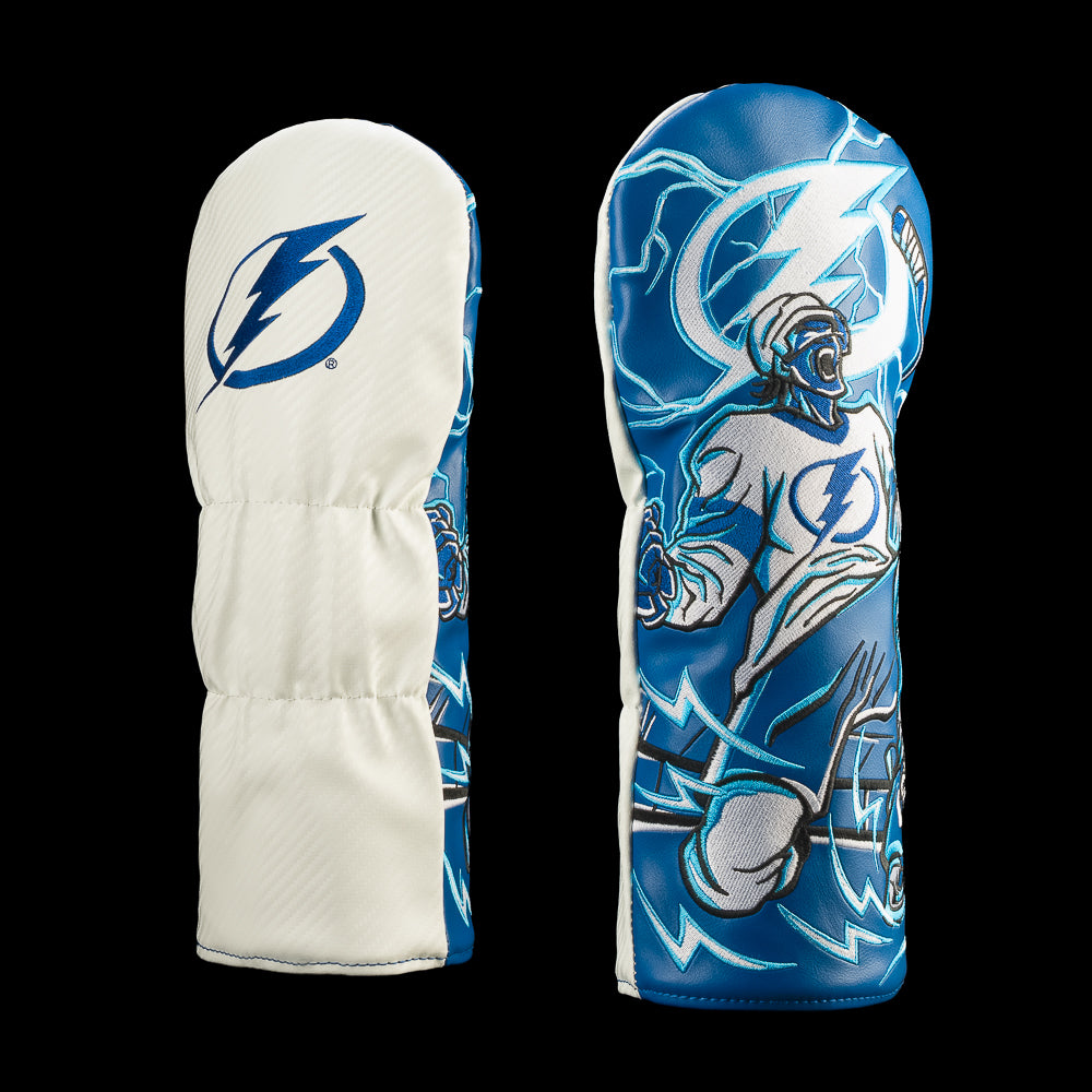 White Tampa Bay Lightning driver cover featuring the Tampa Bay Lightning logo and blue celebrating hockey character surrounded by electric bolts.