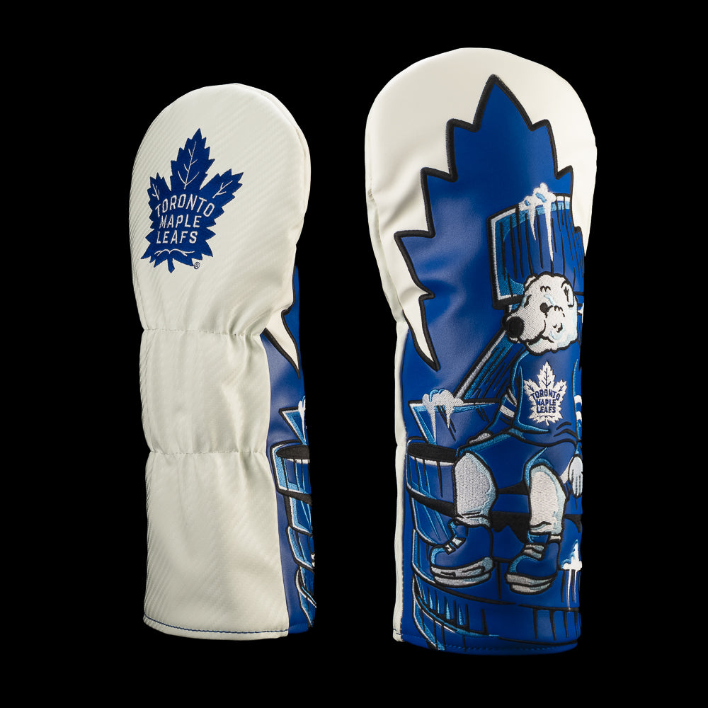 White Toronto Maple Leafs driver cover with a blue maple leaf backdrop and a bear seated in hockey gear.