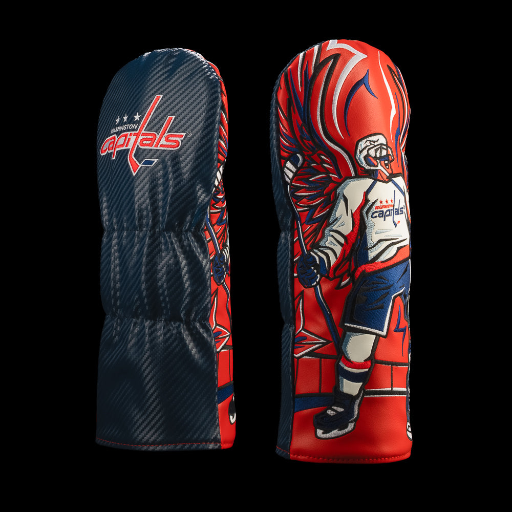 Navy Washington Capitals driver cover featuring the Washington Capitals logo and celebrating hockey player artwork against red graphics.