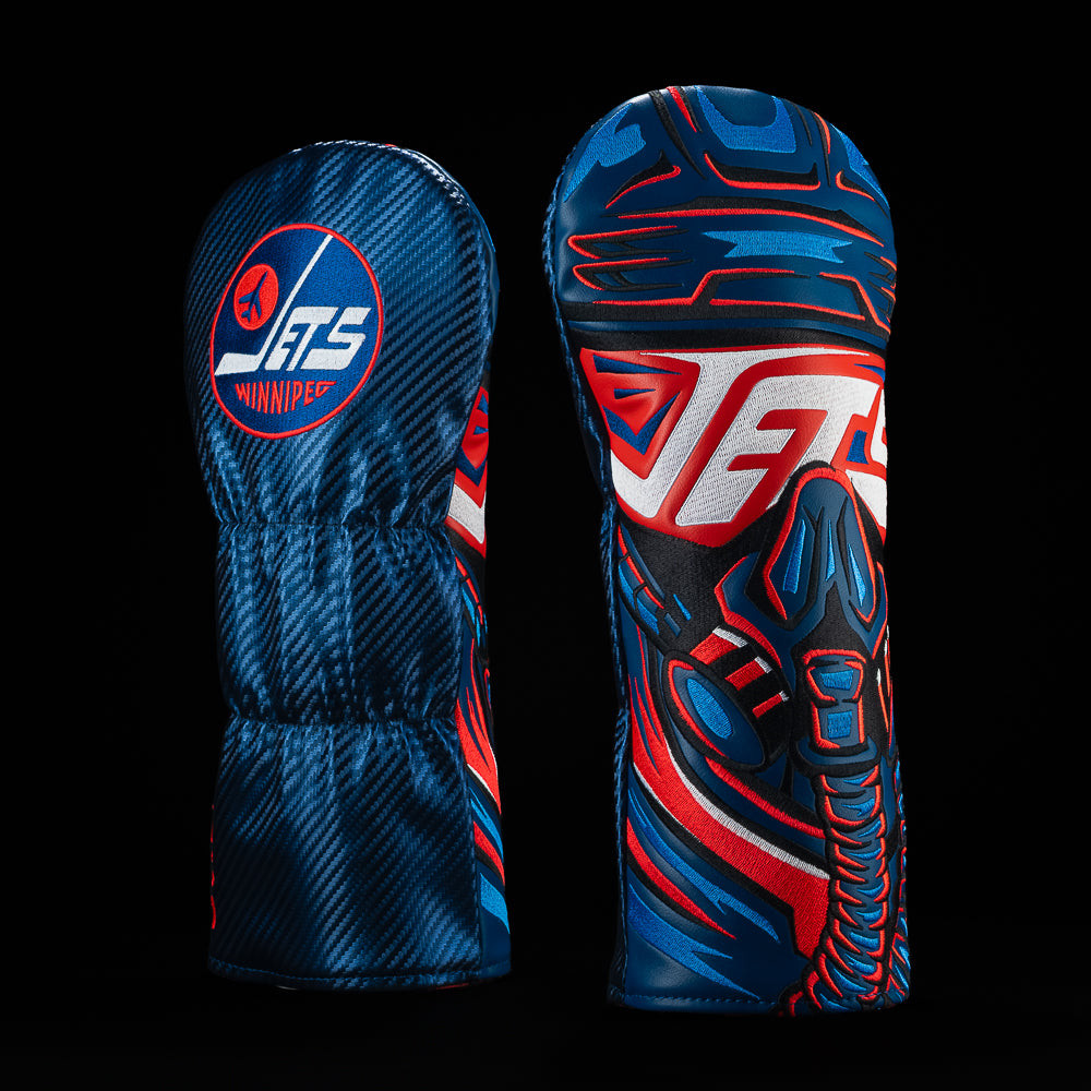 Front and back views of the SWAG Golf NHL Winnipeg Jets Driver Cover with team logo and navy, red and white face oxygen mask artwork.
