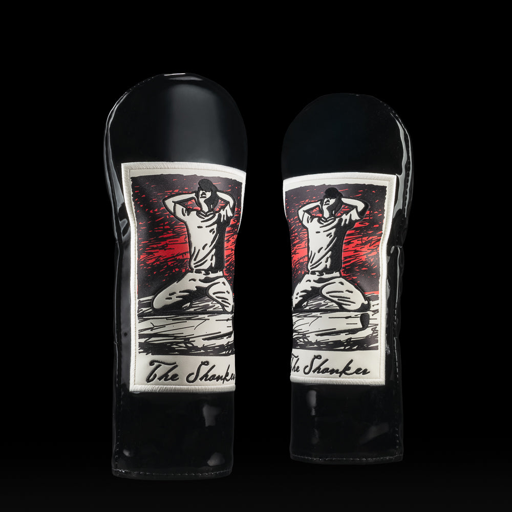 The Shanker Fairway Cover with bold woodcut style artwork of a golfer in frustration.