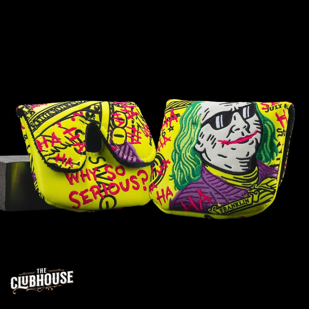 Front and back views of SWAG Golf Neon Jumbo Defaced Franklin center-shaft XL mallet headcover with yellow bill art and pink graffiti.