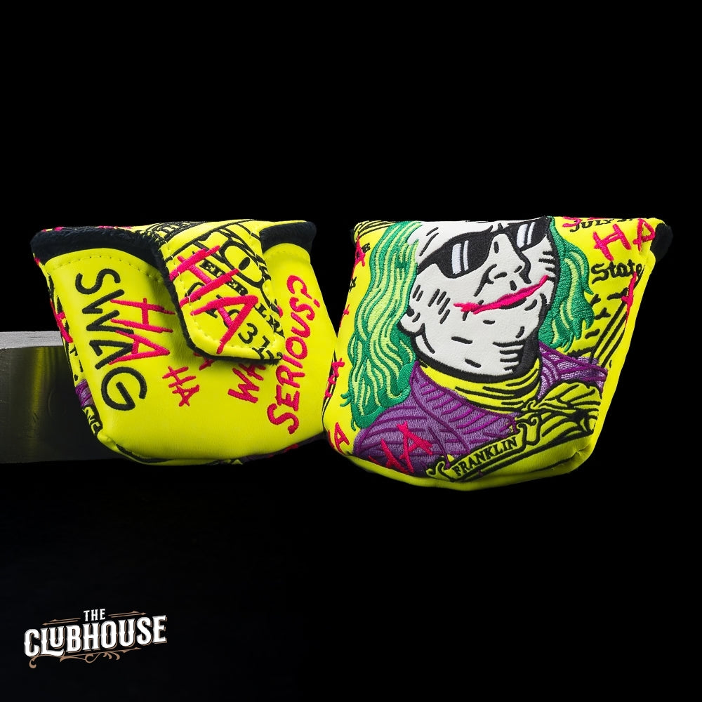 Front and back views of SWAG Golf Neon Jumbo Defaced Franklin mallet headcover with yellow bill art, green hair, and pink graffiti.