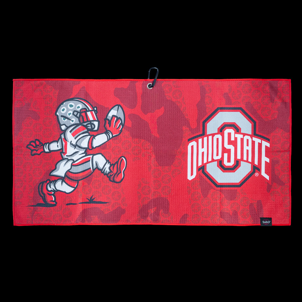Red golf towel with Ohio State logo and cartoon character on a black background