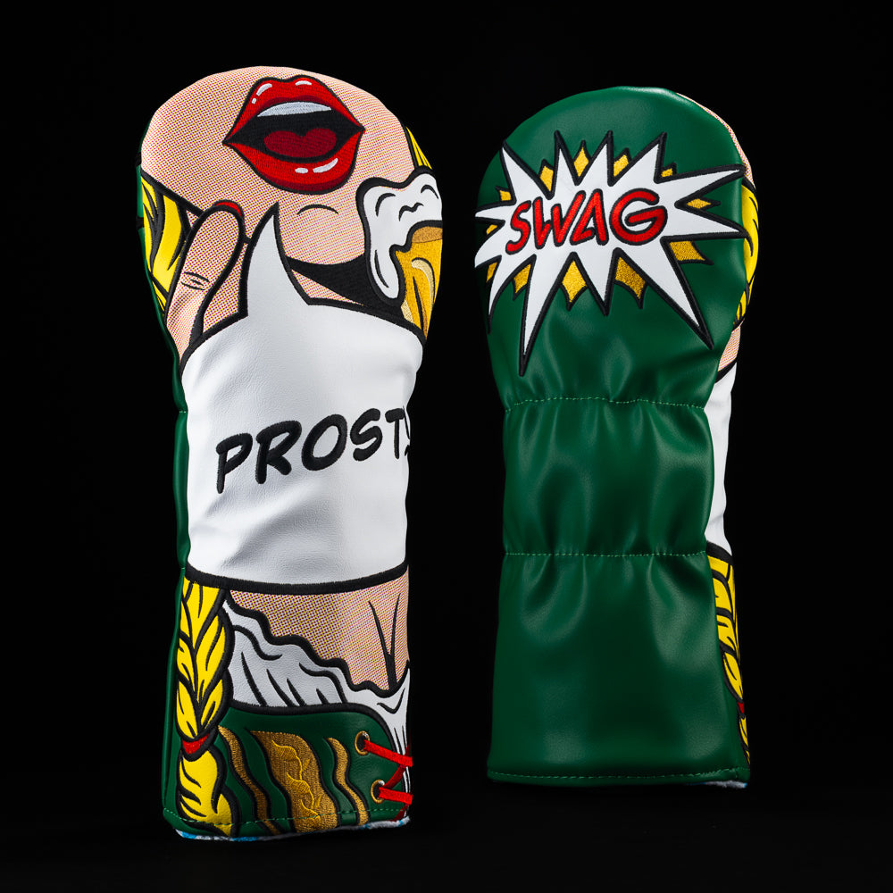 Swagatha Oktoberfest driver cover with Bavarian outfit, braided detail, and “PROST!” pop-art design.