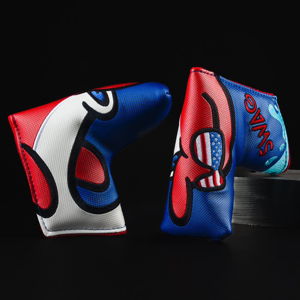 USA big flipper red, white and blue dolphin themed blade putter golf head cover made in the USA.