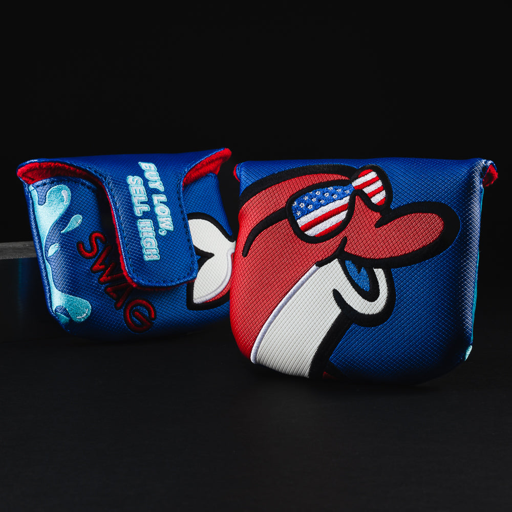 USA big flipper red, white and blue dolphin themed mallet putter golf head cover made in the USA.