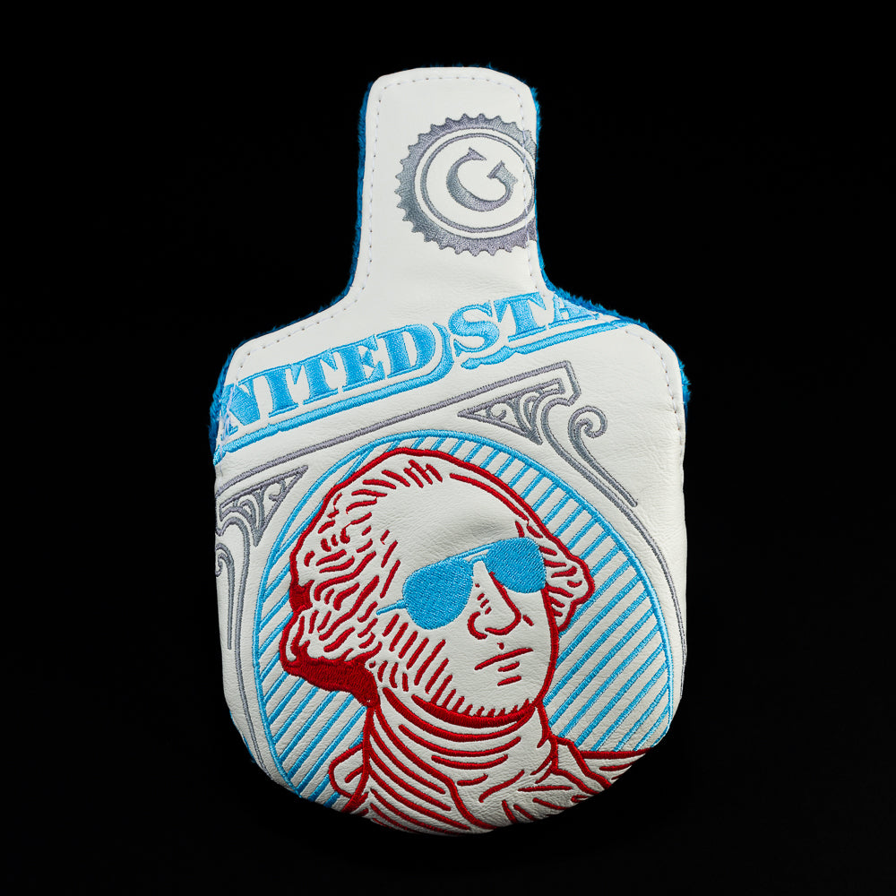 White Gigantic George with red, and blue mid mallet golf club headcover.