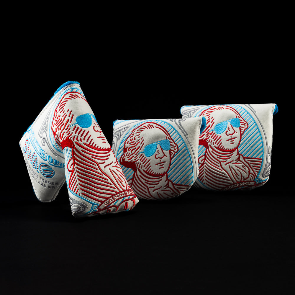 White Gigantic George with red, and blue mid mallet golf club headcover.