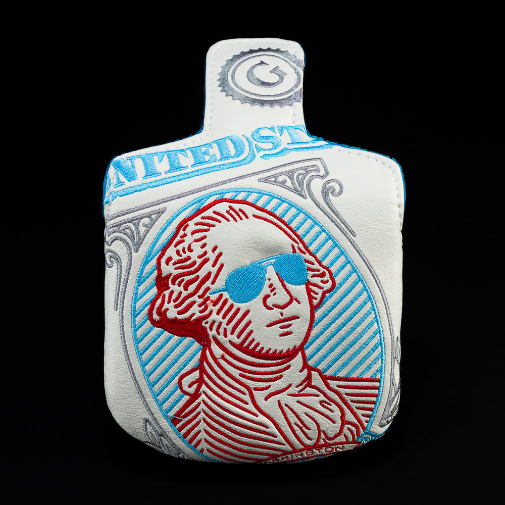 White Gigantic George with red, and blue mallet golf club headcover.