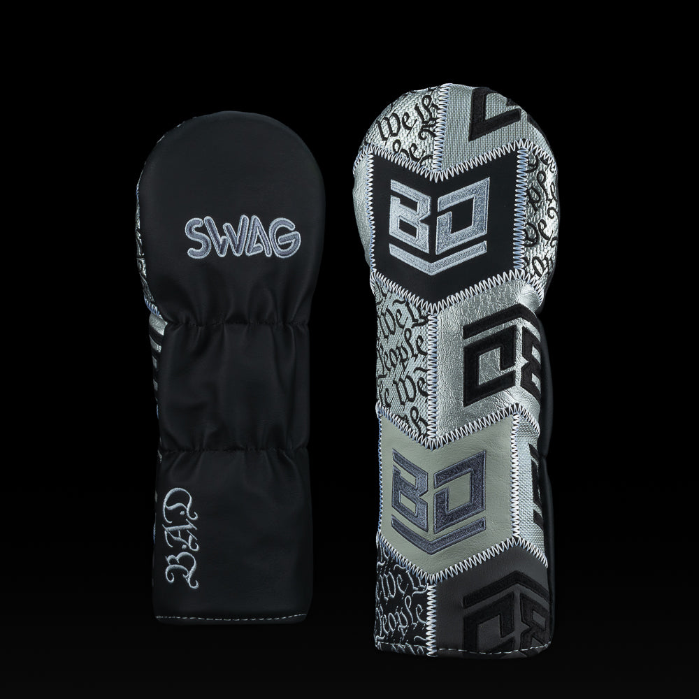 Black and silver SWAG Golf BD Let Freedom Ring patchwork fairway cover with embroidered BD shield logos and script graphic panels.