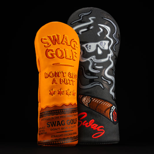 Cigar and Whiskey Wood black and orange with red, white and brown wood cover set golf club head covers made in the USA.