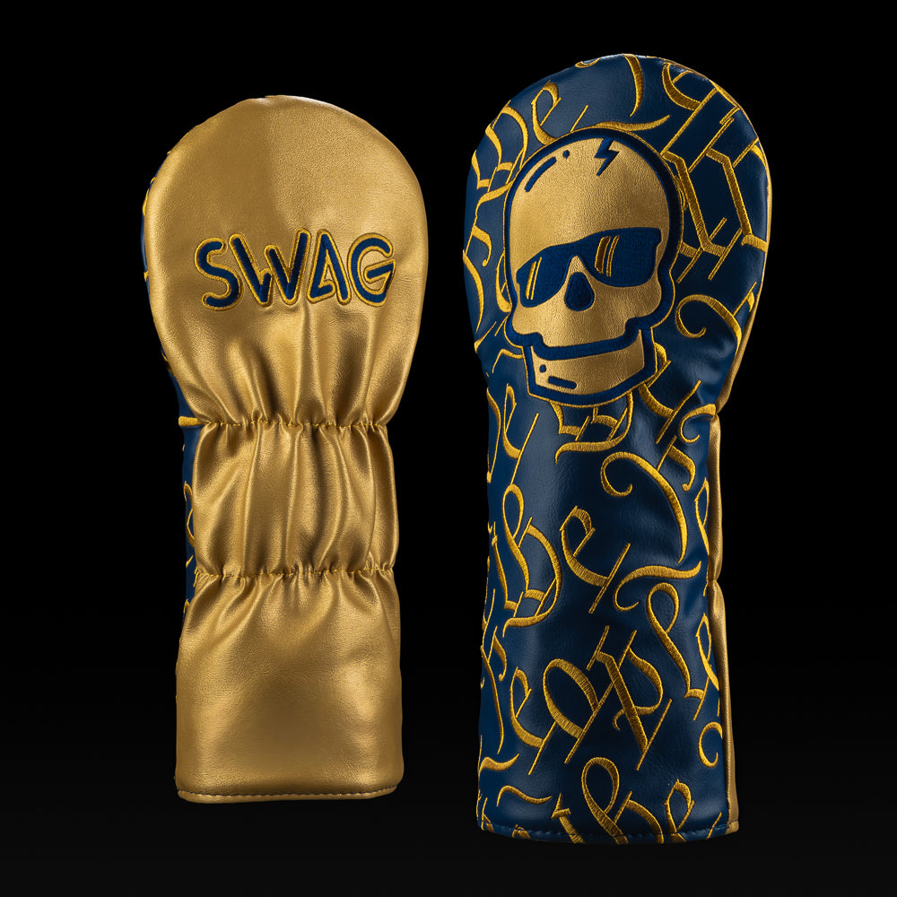 SWAG Golf Philly Freedom driver cover with metallic gold material, navy skull details, and embroidered script graphics.