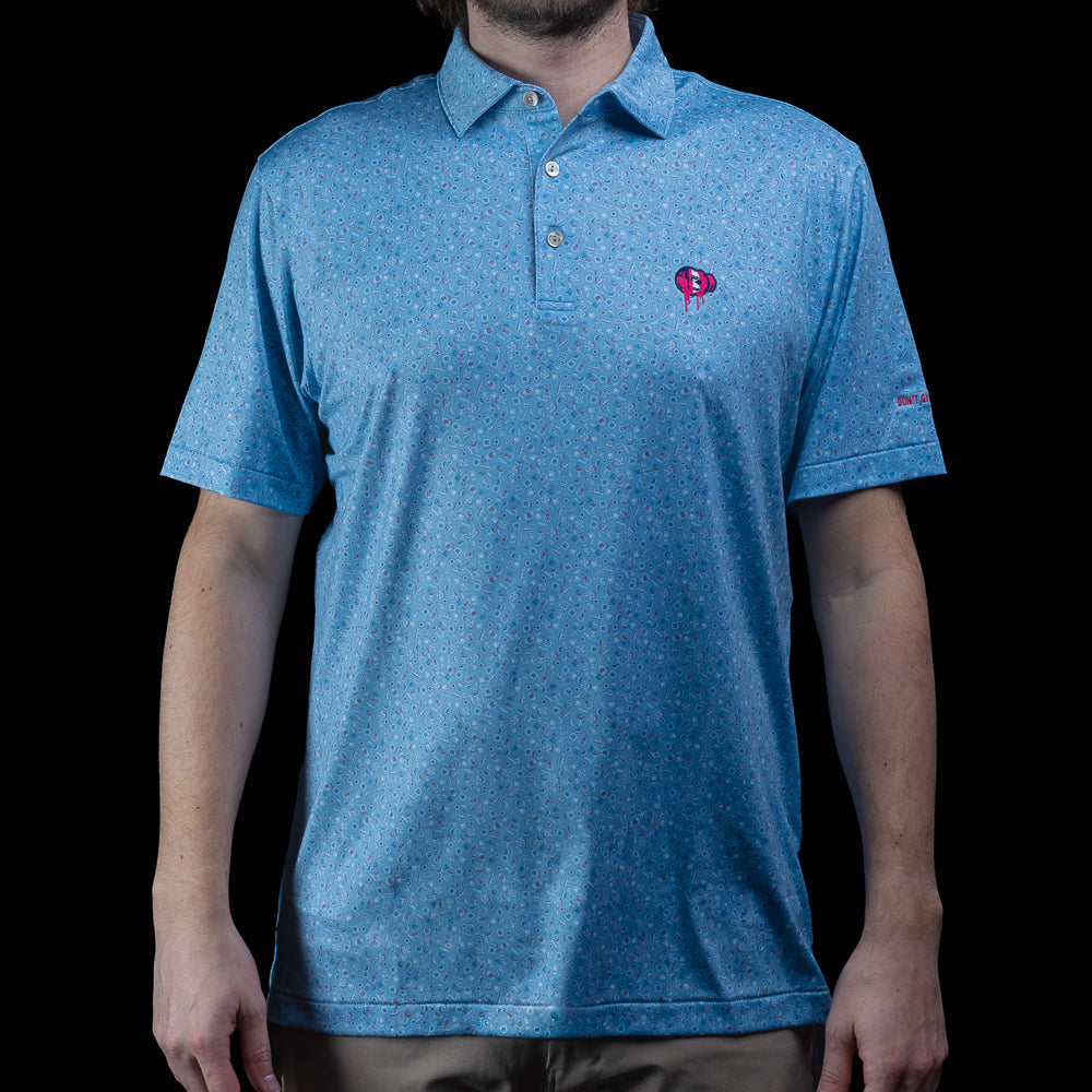 SWAG Golf x Peter Millar summer comfort men's performance golf polo with Day of the Dead print and leaking embroidered skull over the left chest.