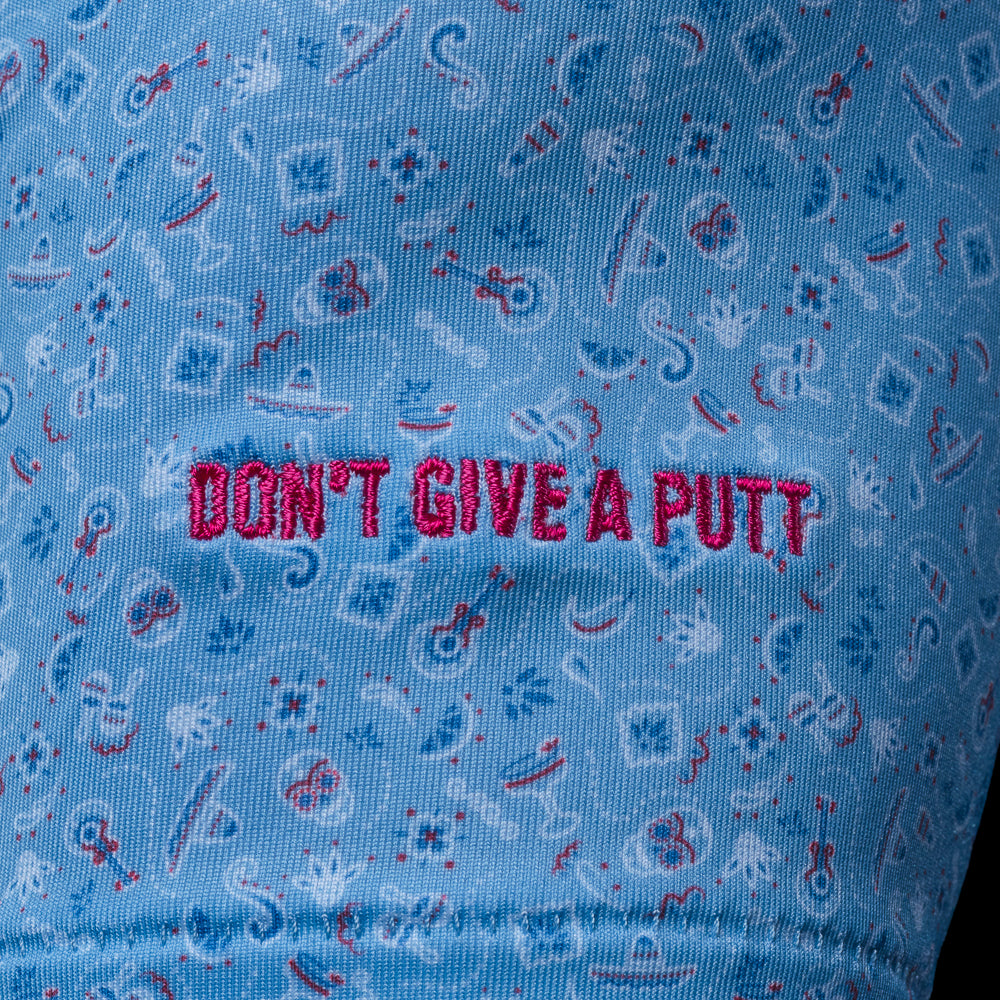 SWAG Golf x Peter Millar summer comfort men's performance golf polo with Day of the Dead print and leaking embroidered skull over the left chest.