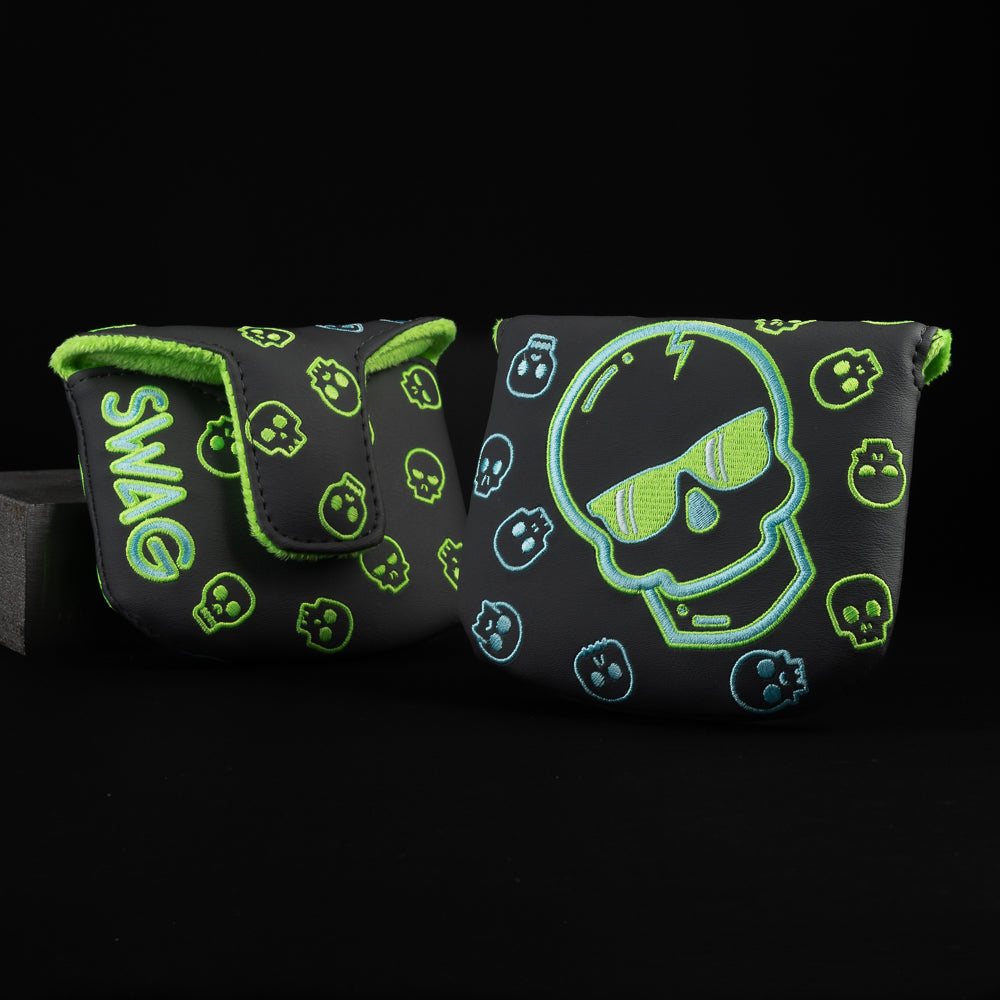 Peacock skull black, blue and green mallet putter golf head cover made in the USA.