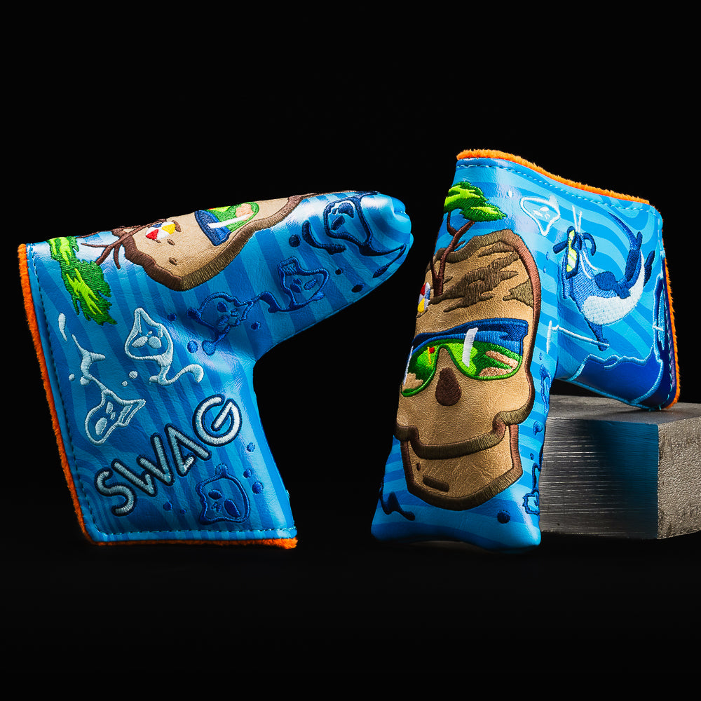 Swag skullpress blue and orange Pebble Beach cypress themed blade putter golf headcover made in the USA.