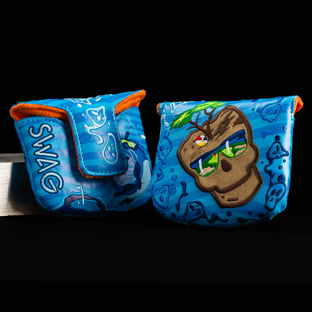 Swag skullpress blue, orange, and brown Pebble Beach cypress themed mallet putter golf headcover made in the USA.