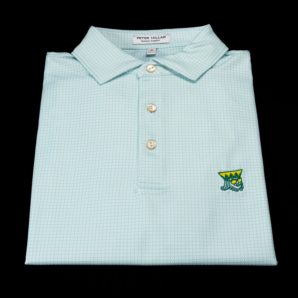 Peter Millar x SWAG Golf men's short sleeve green and blue geo print performance golf polo shirt.