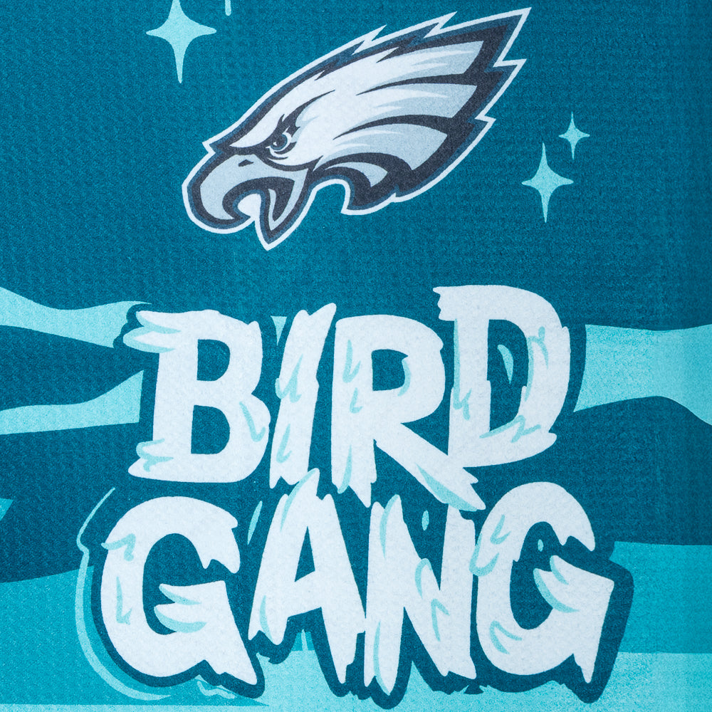Golf towel with NFL Philadelphia Eagles cartoon eagle character and 'Bird Gang' text on a blue background.