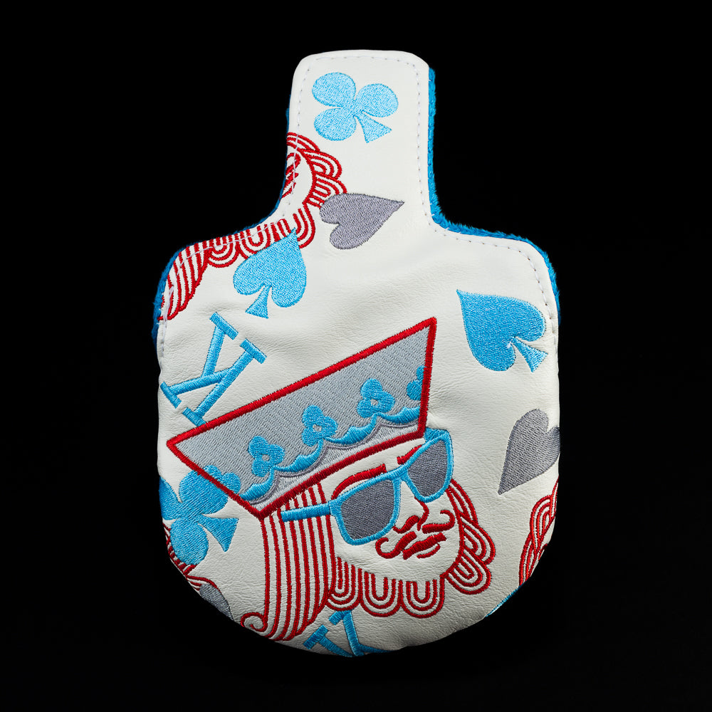 White with silver and blue Poker King mid mallet head cover.