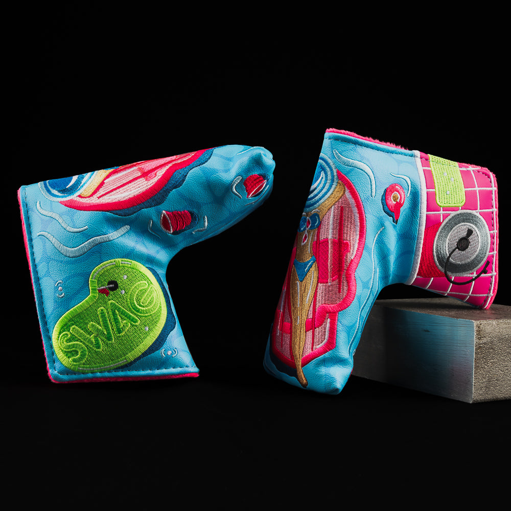 Ms. Pool Party Blade Putter Cover with summer pool, skull floatie, keg, and swimsuit clad beauty.