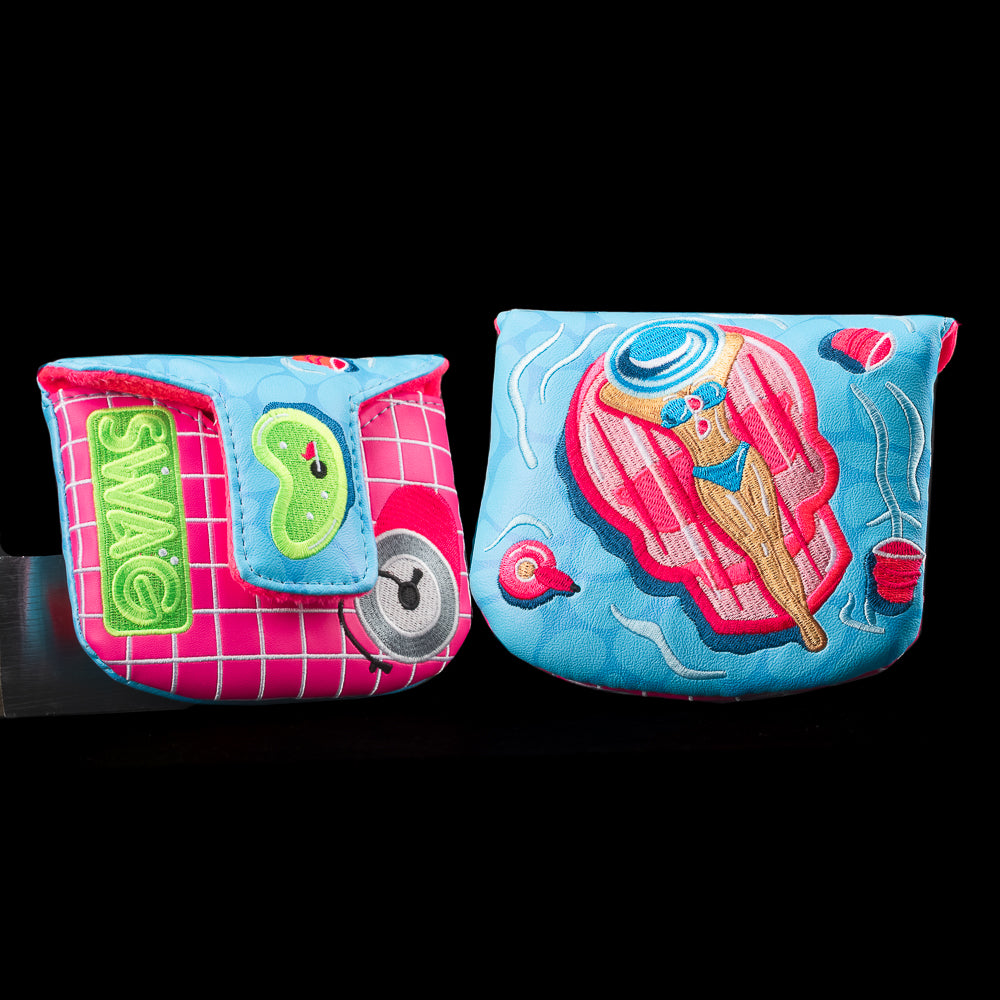 Ms.Pool Party Mallet Putter Cover with an azure pool, hot pink SWAG skull floatie with party girl and keg.