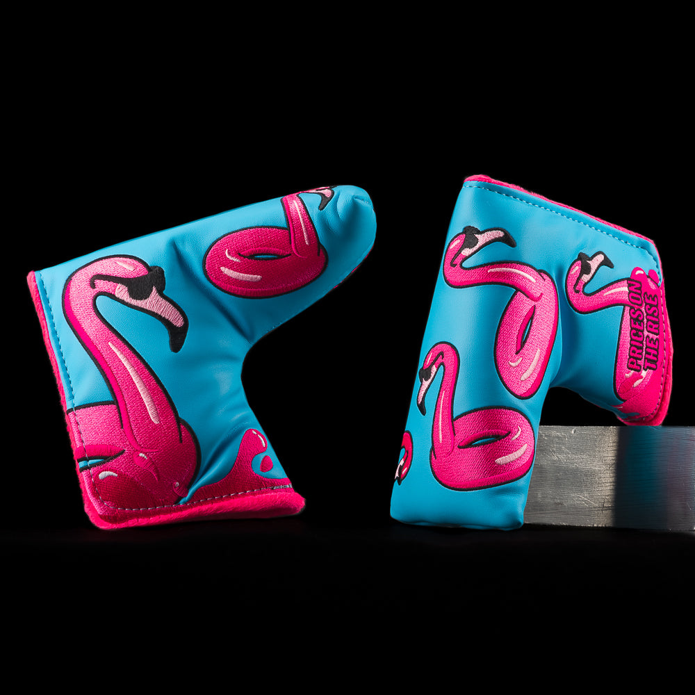 Flamingo Floatie Blade Putter Cover with pink flamingos, blue ombré background, and SWAG logo detail.