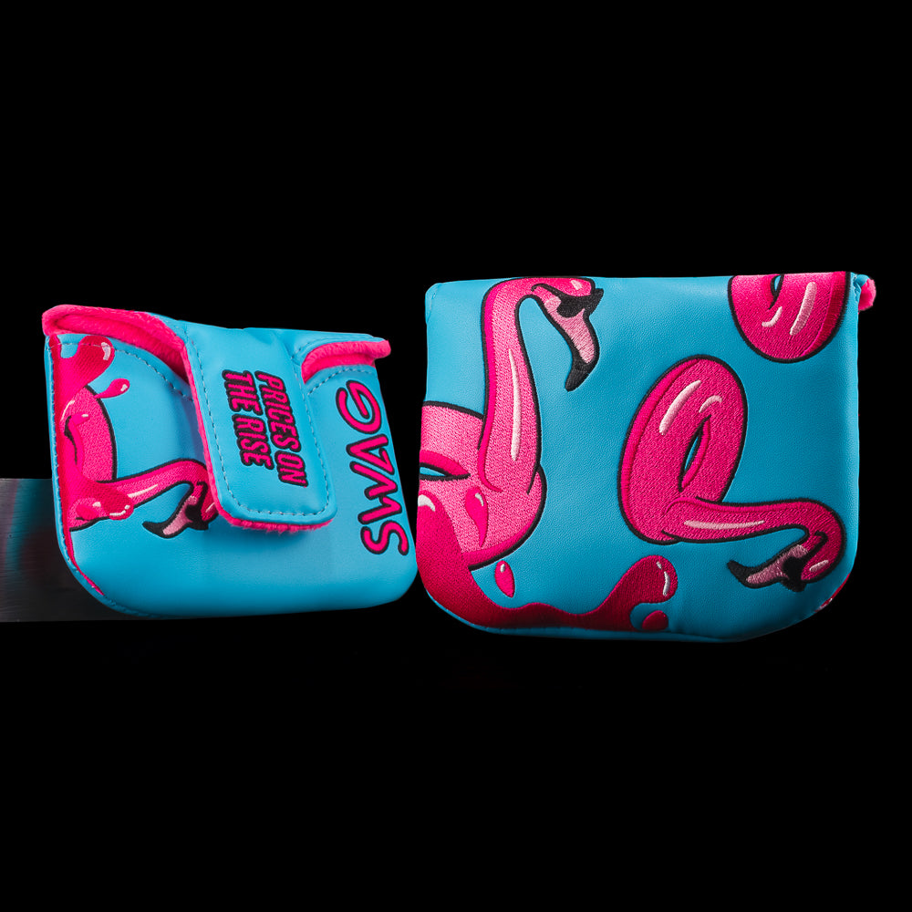 Flamingo Floatie Mallet Cover with pink flamingos, gradient blue background, and “Prices on the Rise” label.