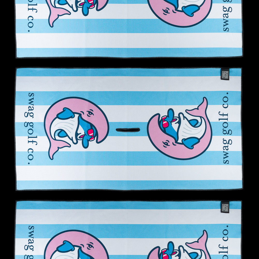 Flipper Whale blue and white stripes players golf towel.