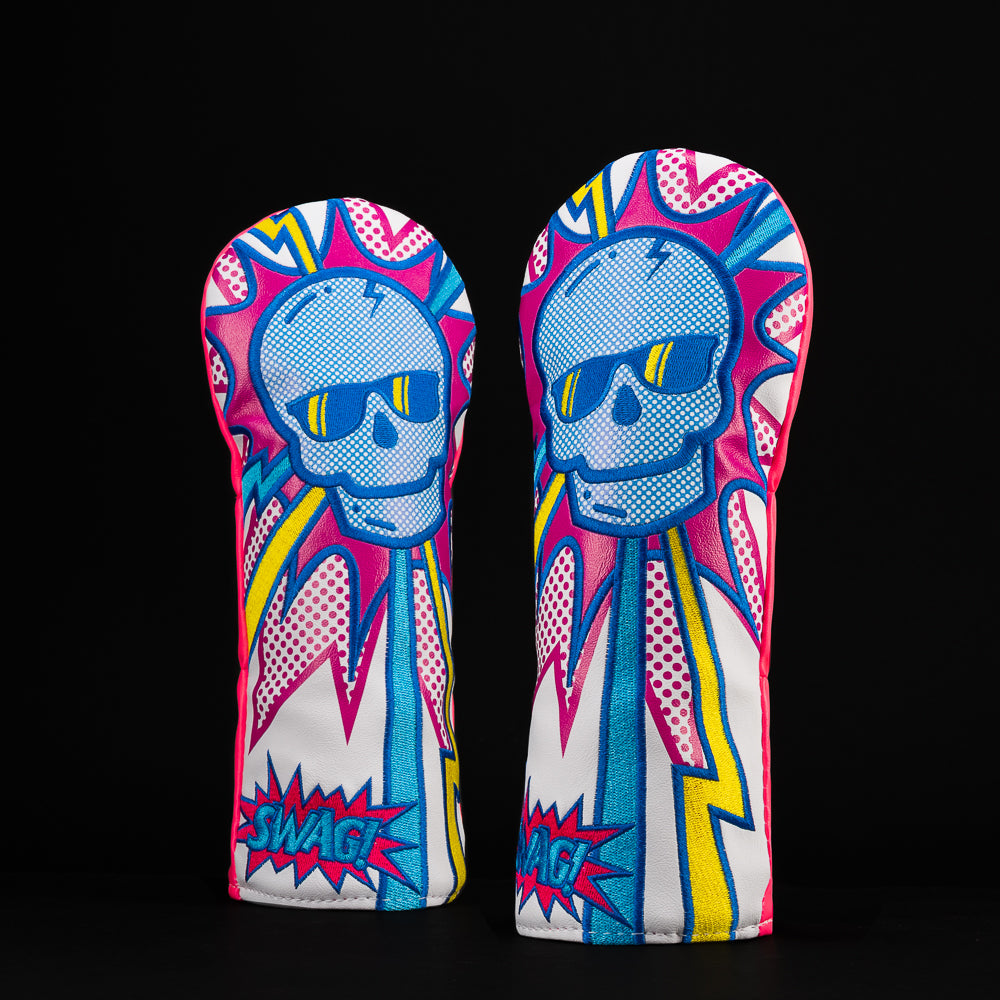 Colorful skull pop art inspired golf fairway wood headcover with 'SWAG!' text.