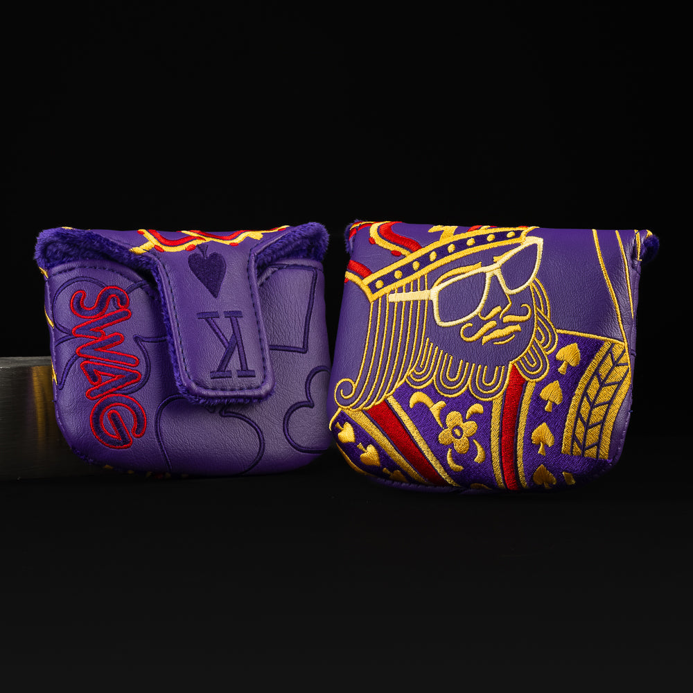 Purple Royal King Crown mallet golf club headcover with red and gold lettering and stitching.