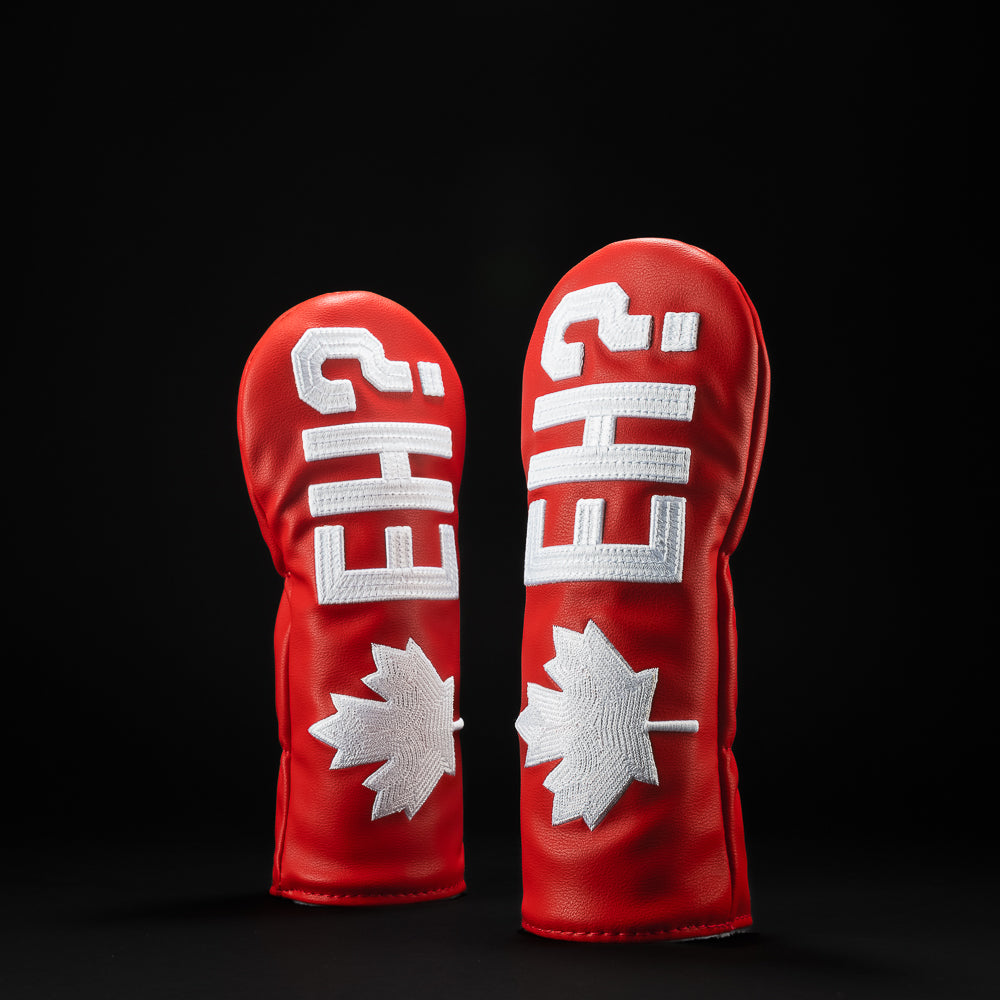 EH? Small Talk Hybrid golf club headcover in red with white sticking and Canadian flag.