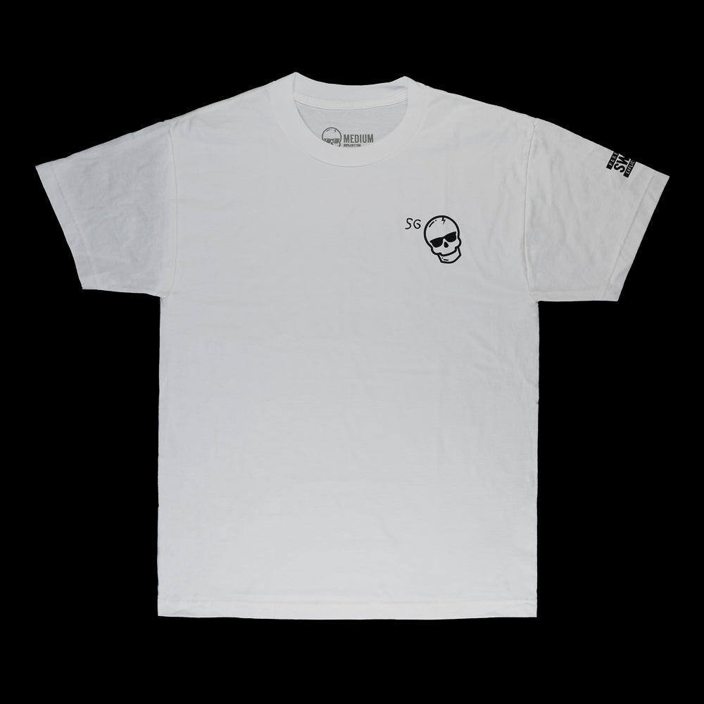 White T-Shirt with black skull and black writing.