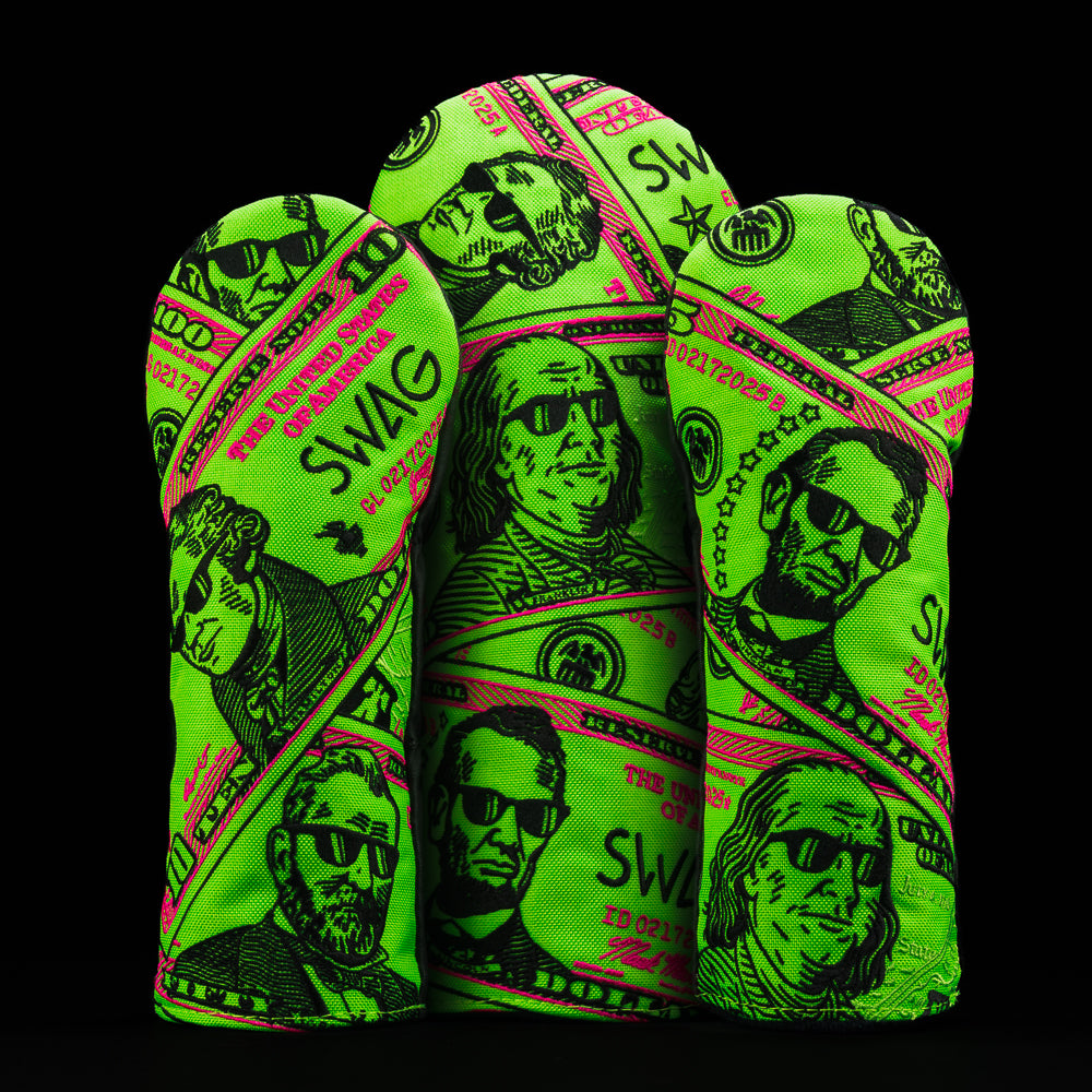 SWAG Golf Almighty Dollar 5.0 green Golf Wood cover set that includes 1 driver and 2 fairway headcovers.
