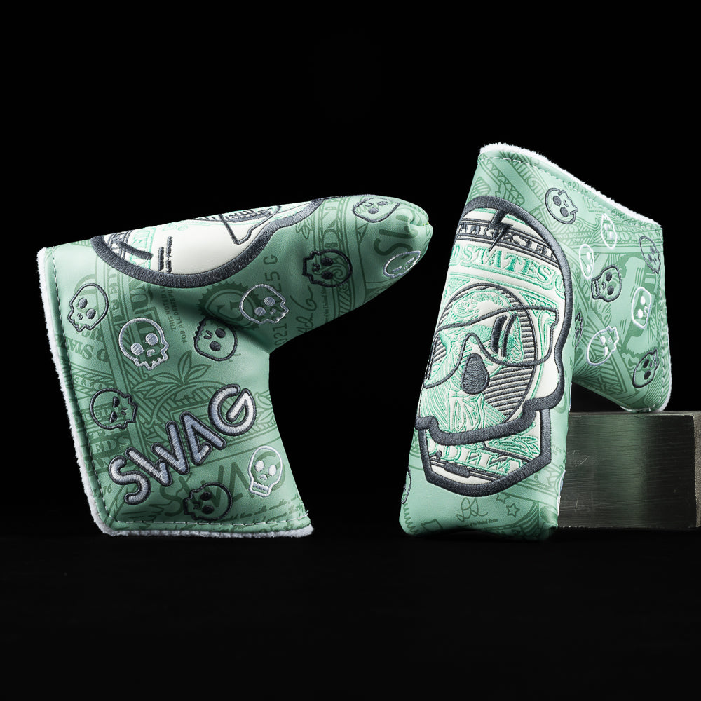 Stacked Bills Skull green currency themed blade golf headcover made in the USA.