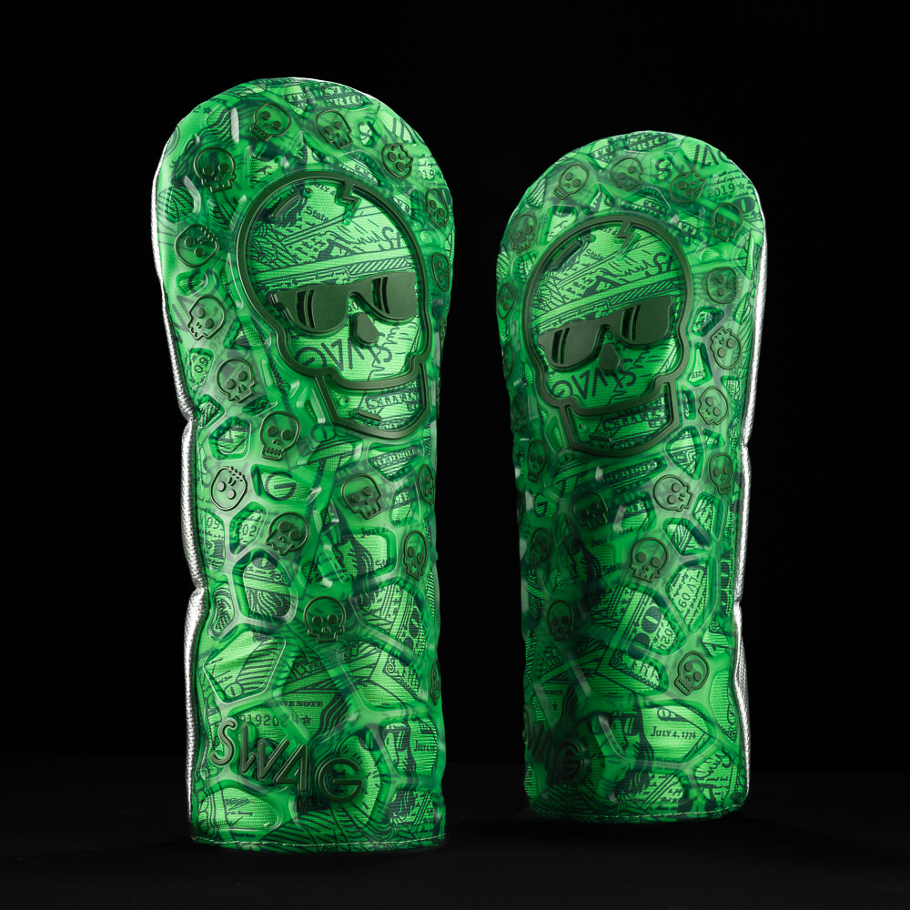 SWAG Golf Dollar Bills Skull currency themed golf driver headcover made with durable TPU material.