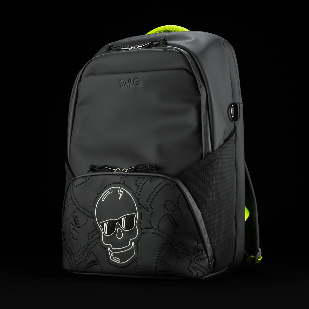 SWAG Golf black stacked skulls backpack with neon yellow straps.