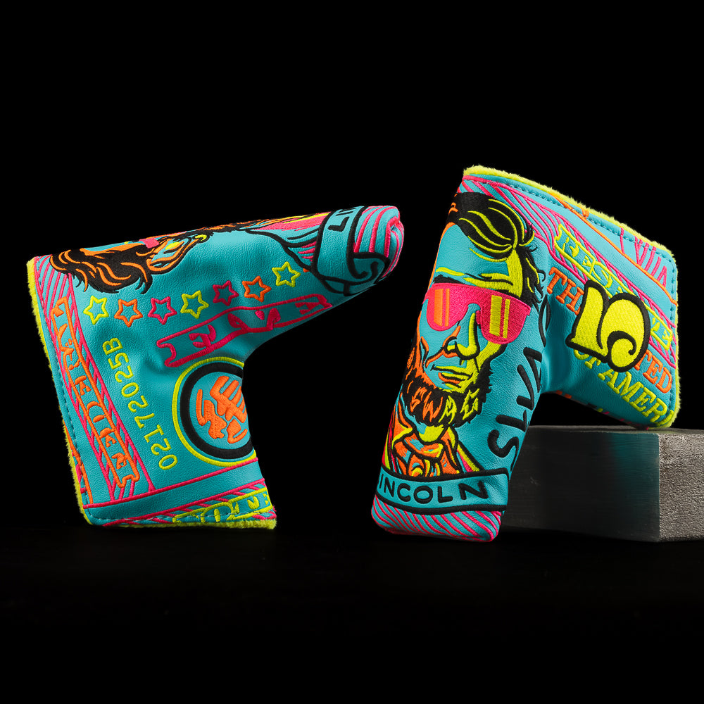 SWAG Golf Vibin in the USA aqua and neon yellow currency themed blade golf headcover made in the USA.