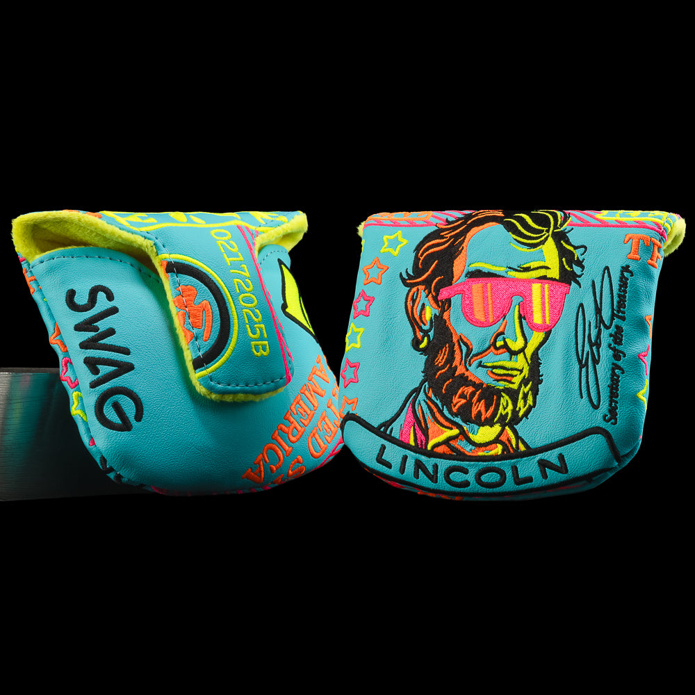 SWAG Golf Vibin in the USA aqua and neon yellow currency themed mallet golf headcover made in the USA.