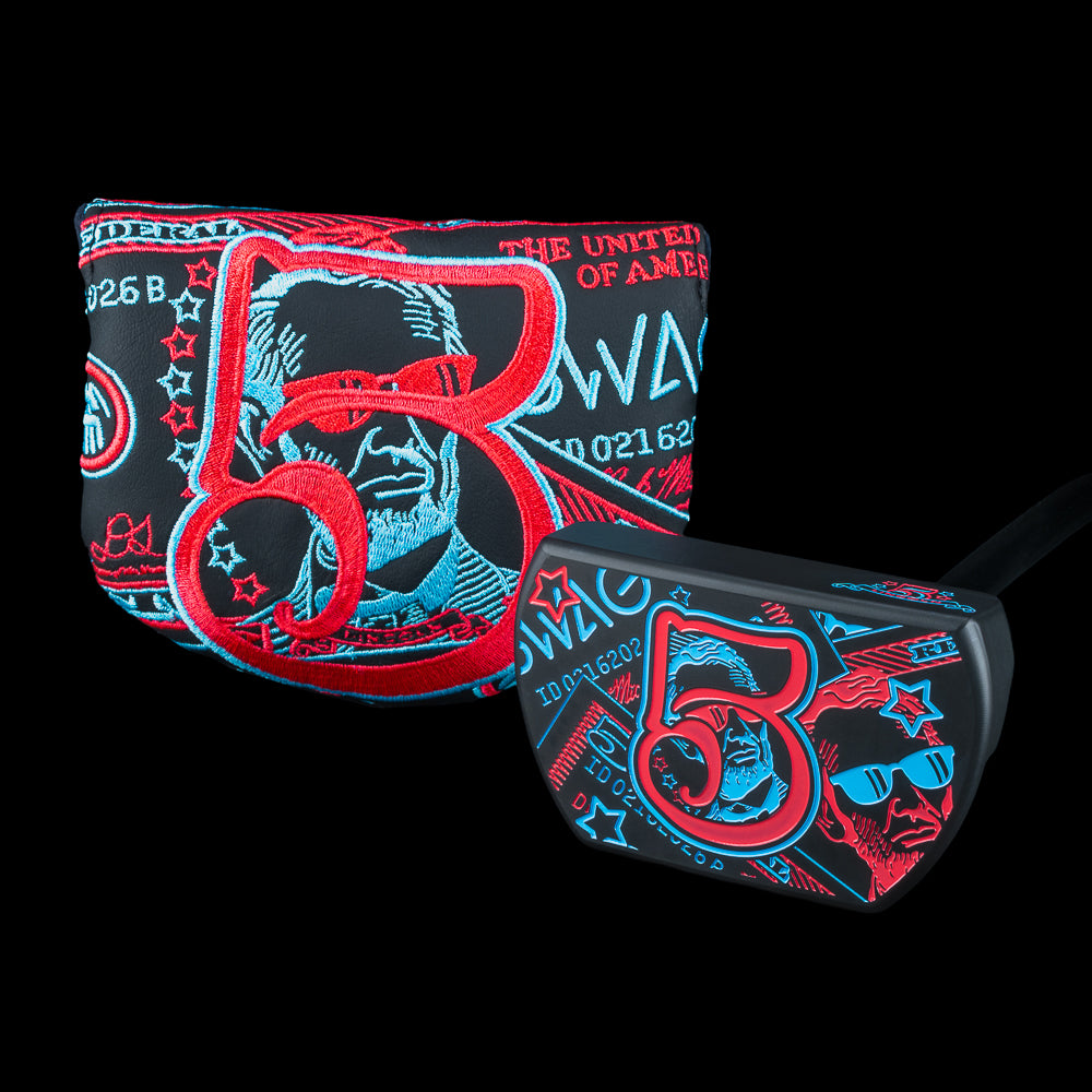 SWAG Golf 5 Over The Boss 2.0 limited edition mid-mallet steel golf putter with a black cerakote finish and handpainted details. Right handed and includes a matching golf headcover.