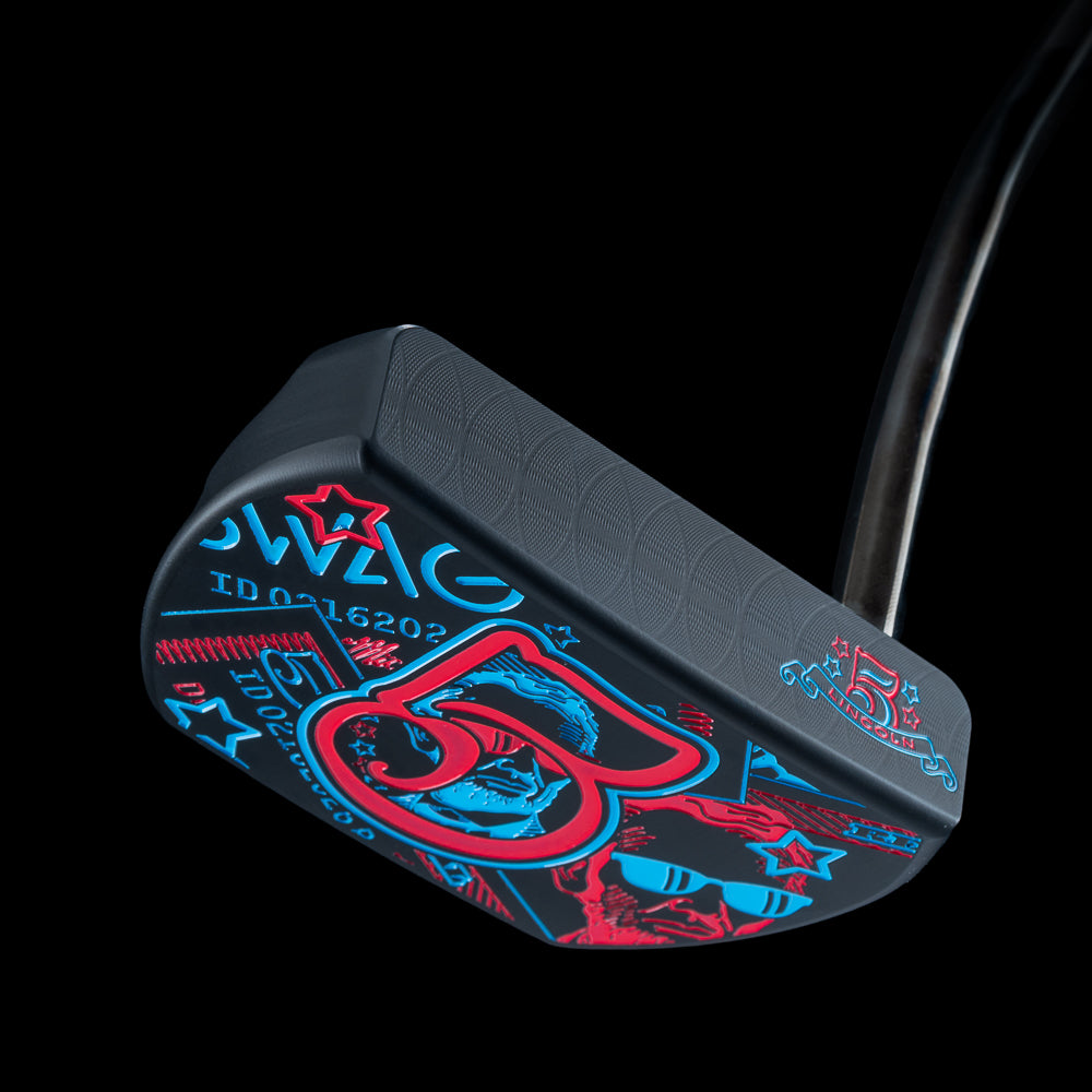 SWAG Golf 5 Over The Boss 2.0 limited edition mid-mallet steel golf putter with a black cerakote finish and handpainted details. Right handed and includes a matching golf headcover.