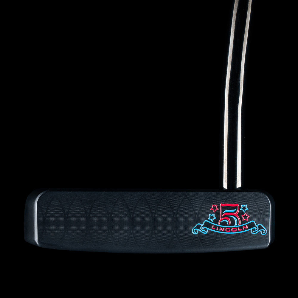 SWAG Golf 5 Over The Boss 2.0 limited edition mid-mallet steel golf putter with a black cerakote finish and handpainted details. Right handed and includes a matching golf headcover.